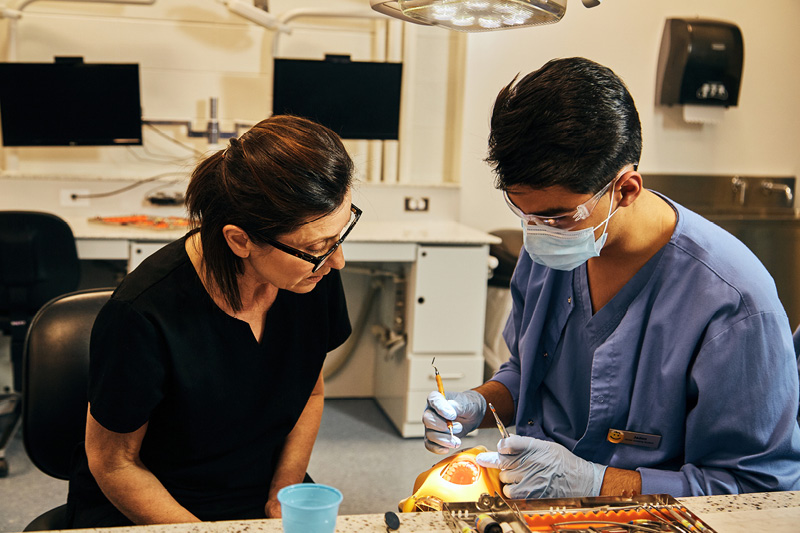 Two dental assisting students work on a patient.