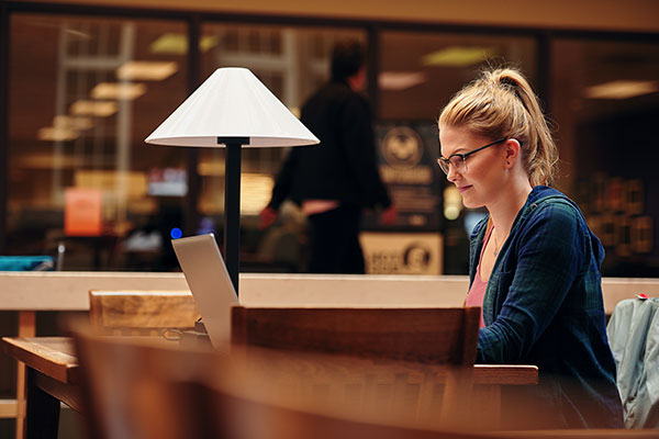A woman looks at her laptop while sitting in the study are of the Stan Grad Centre.
