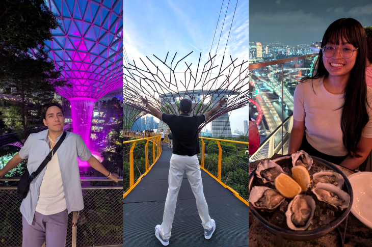 A collage of three shots of beautiful scenes in Singapore, featuring Changi airport, Gardens by the Bay and views from the Marina Bay Sands. Students are featured in all three shots.